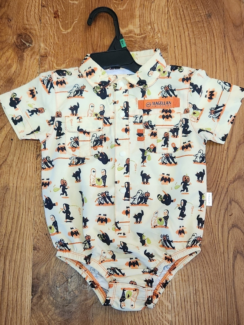 Magellan Outdoors Halloween Print Onesie -Yellow w Black & Orange 6-9 Months NEW